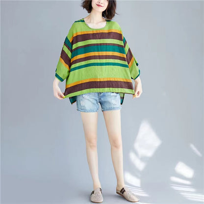 Casual Printed Clashing Stripe Cotton Linen Round Neck T Shirt Top