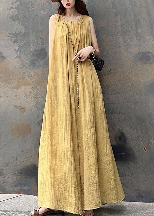 Elegant Round Neck Wrinkled Cotton Sleeveless Pleated Long Dress