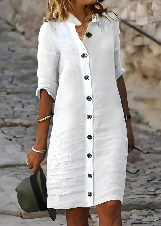 Women's Casual White Standing Collar Button Cotton Dress Half Sleeve Spring Summer