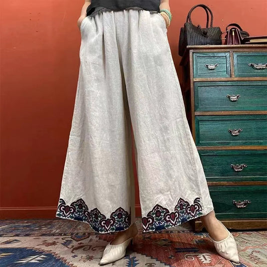 Geometric Embroidered Cotton Linen Wide Leg Pants