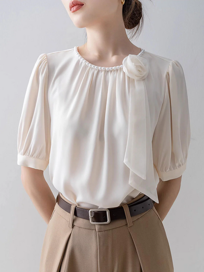 Elegant Round Neck Beaded Rose Short Sleeve Blouse Top