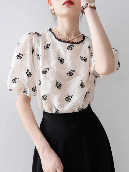 Elegant Bubble Sleeve Embroidered Chiffon Blouse Top