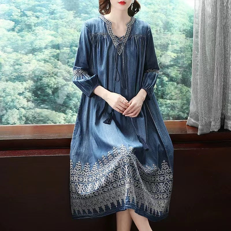 French V-Neck B Tie Patchwork Embroidered Denim Dress