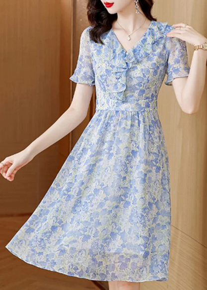 Elegant V-Neck Ruffle Print Short Sleeve Dress