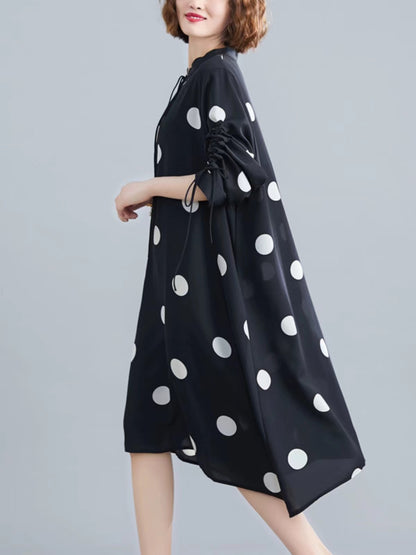 Plus Size Stand Up Neck Printed Polka Dot Tie Long Sleeve Dress