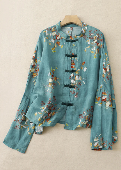 Chinese Printed Buttoned Cotton Long Sleeve Shirt Top