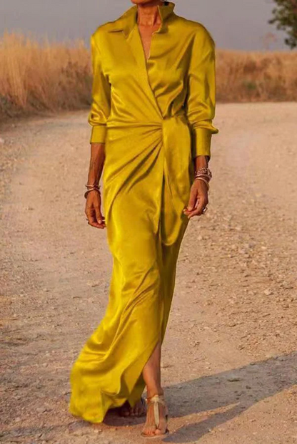 Satin Wrap Shirt Long Sleeve Maxi Dress