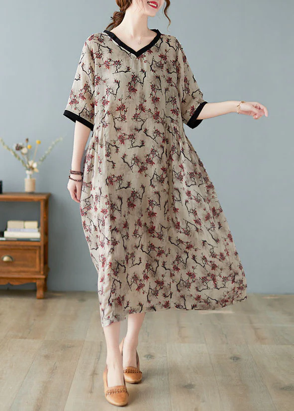 Elegant V-Neck Printed Linen Short Sleeve Dress