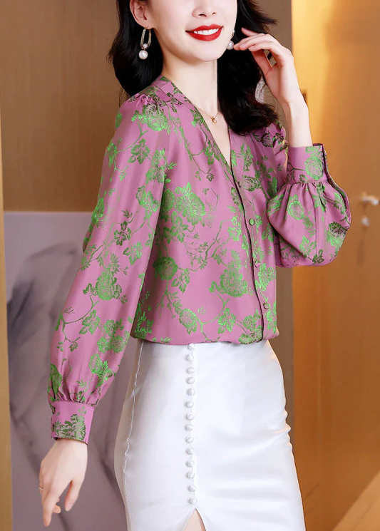 Elegant Buttoned V-Neck Jacquard Silk Shirt Long Sleeve