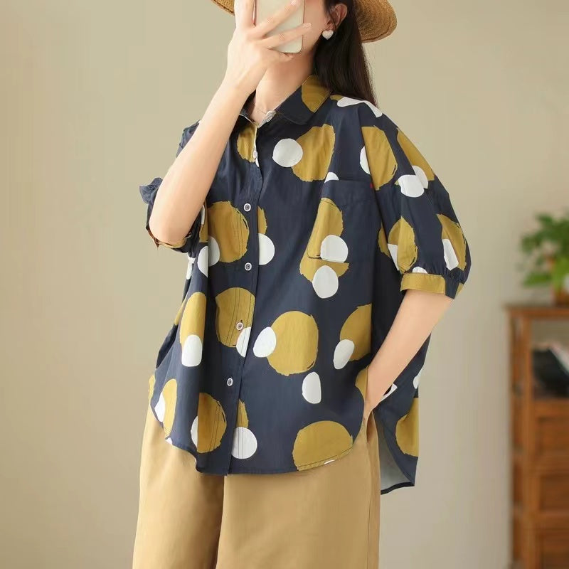 Loose Color-Collision Polka Dot Short Sleeve Lapel Shirt Top