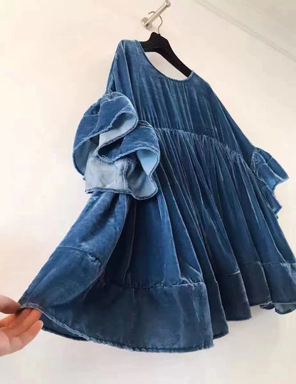 Blue Velvet Ruffle Short Sleeve Velvet Short Dress