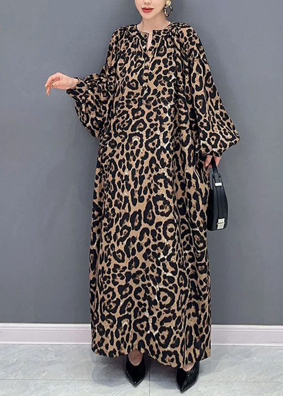 Elegant Loose Leopard Print O-Neck Dress Long Sleeve