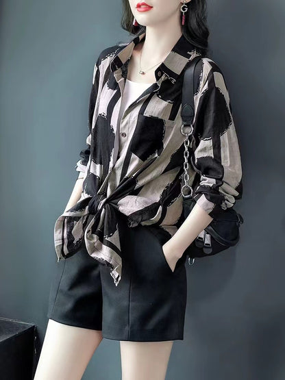 Versatile Polka Dot Printed Lapel Long Sleeve Shirt Top