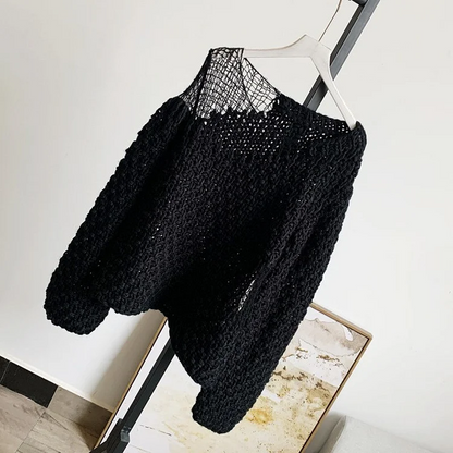 Loose Round Neck Hollow Knit Long Sleeve Sweater