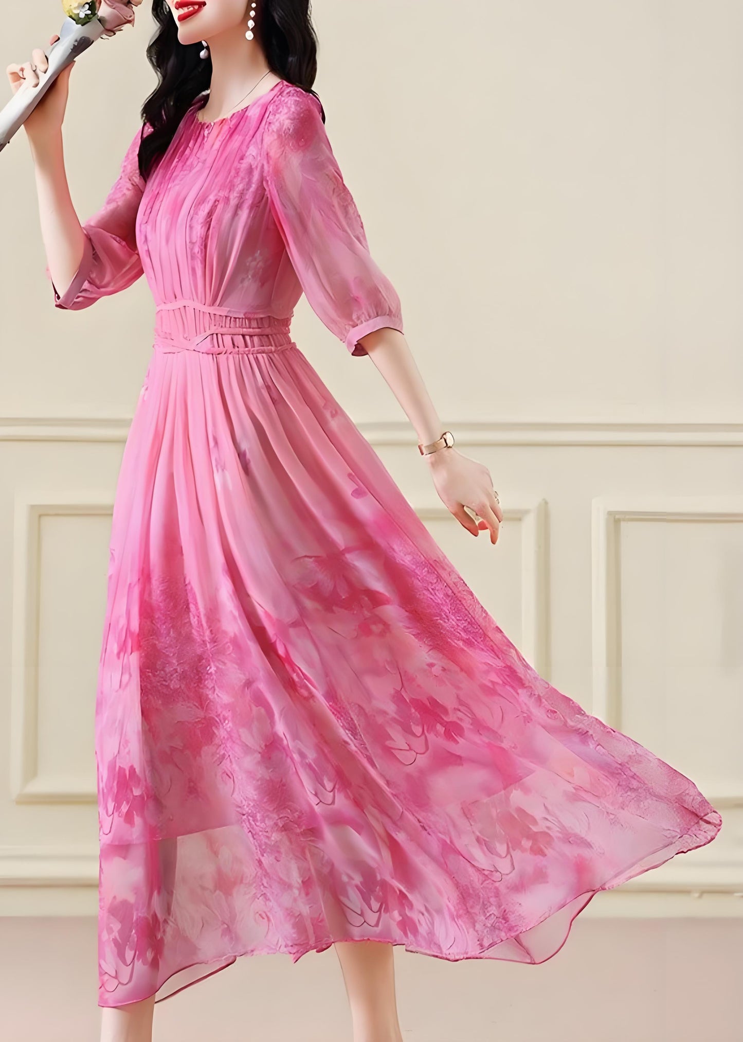 Women's Pink Printed Ruched Tie Waist Long Half Sleeve Dress