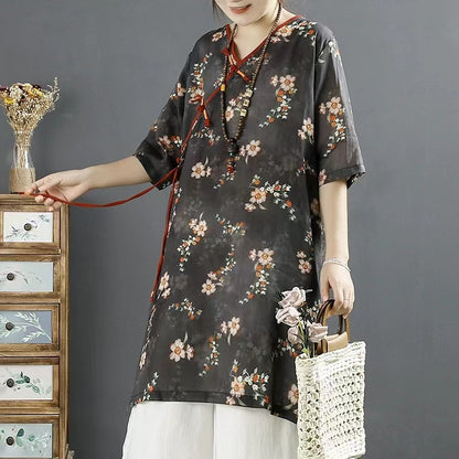 Elegant V-Neck Printed Color Clash Tie Short Sleeve Long Shirt Top