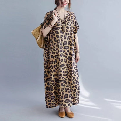 Plus Size Loose V-Neck Leopard Print Dress