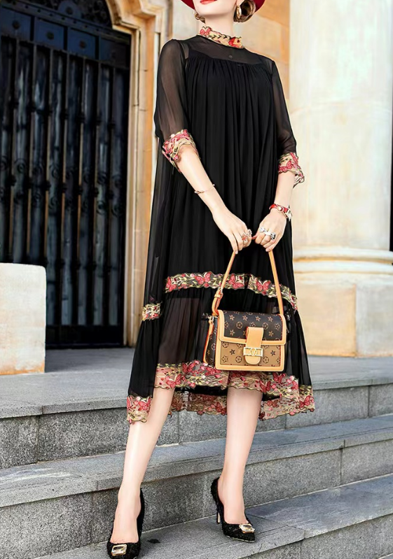 Elegant patchwork see-through hem silk dress