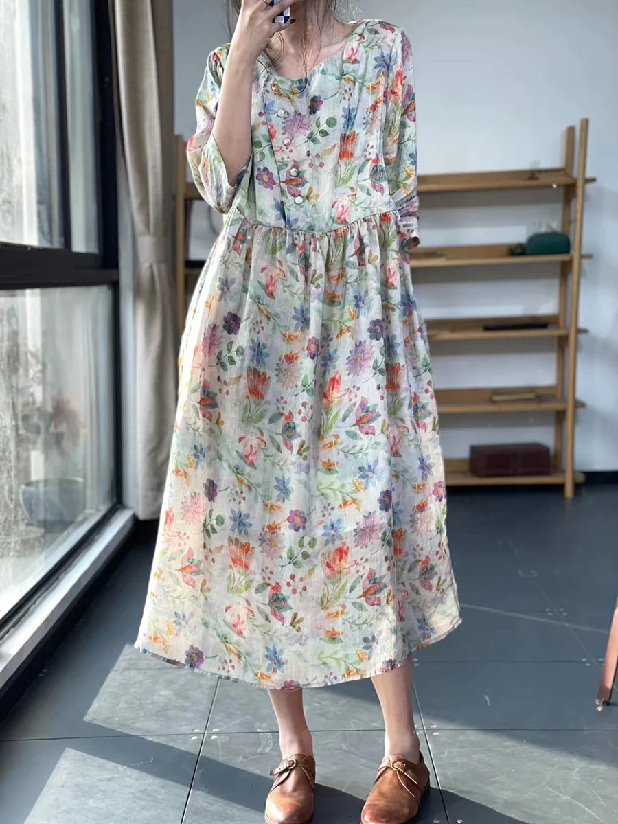 Loose Floral Pleated Casual Dress