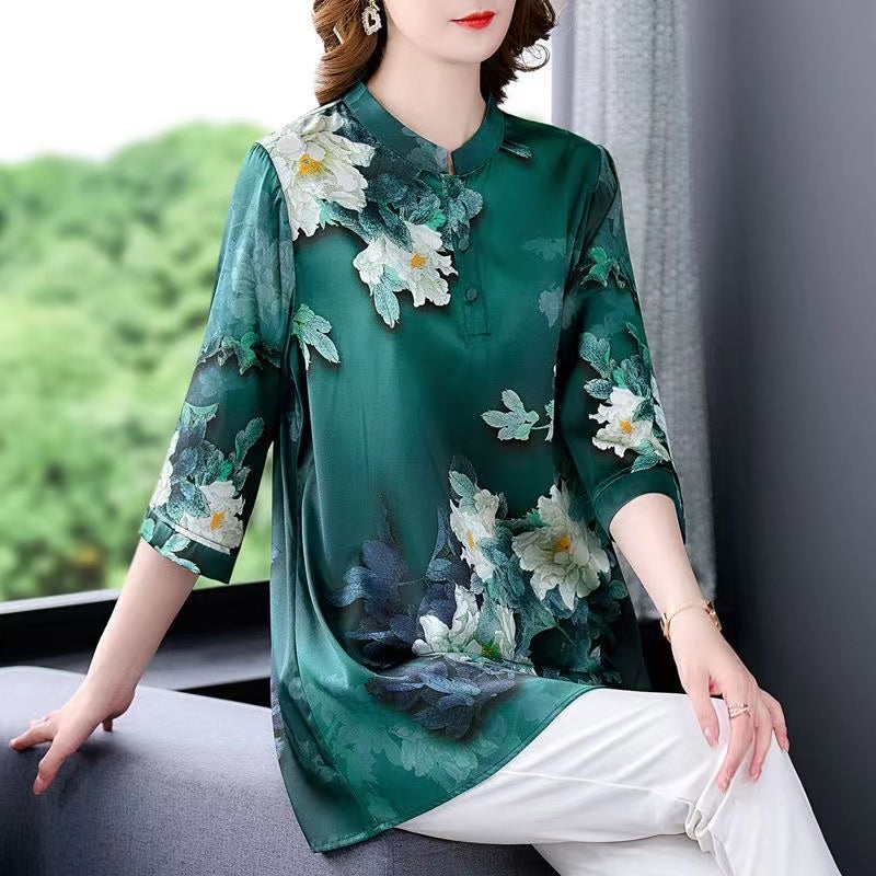 Elegant Standing Collar Printed Silk Short Sleeve Blouse Top