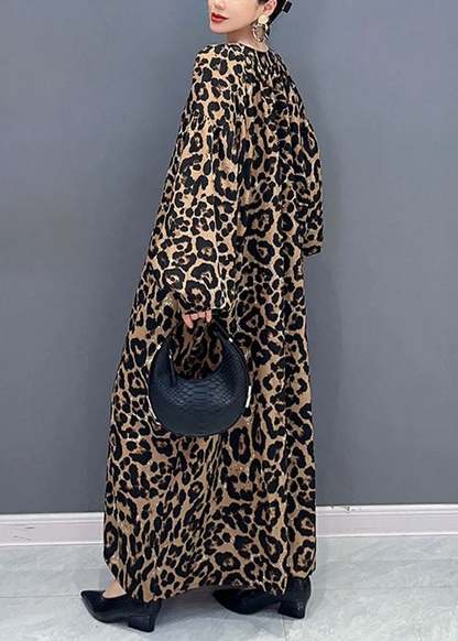 Elegant Loose Leopard Print O-Neck Dress Long Sleeve