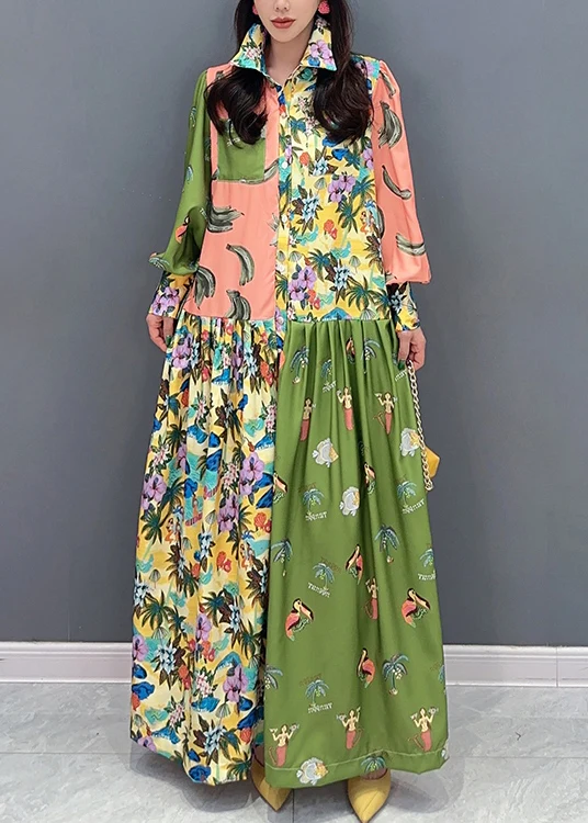 Fashion Colorblock Printed Cotton Shirt Long Sleeve Dress