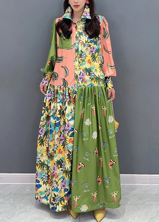 Fashion Colorblock Printed Cotton Shirt Long Sleeve Dress