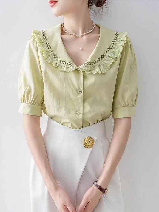 Vintage Lapel Neck Embroidered Lace Short Sleeve Blouse Top