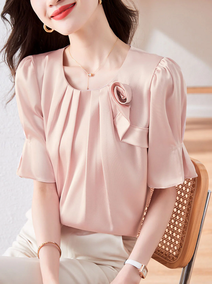 Elegant Round Neck Floral Satin Chiffon Short Sleeve Blouse Top