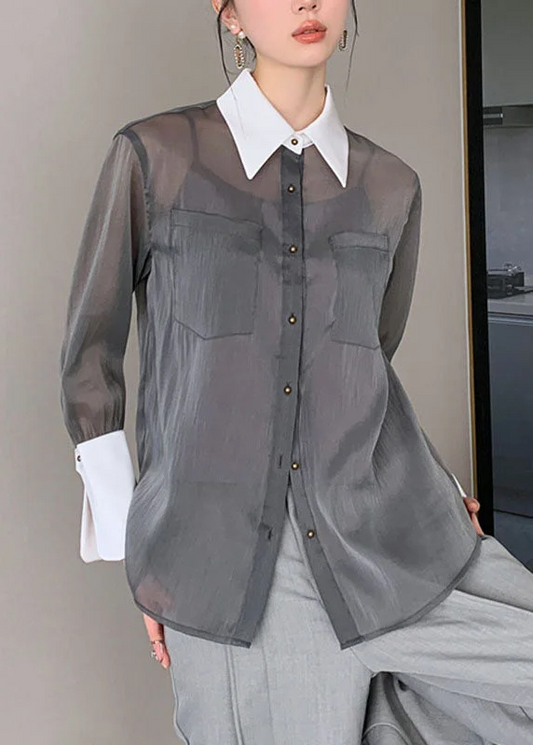 Women's Cardigan Peter Pan Collar Buttoned Silk Cotton Shirt