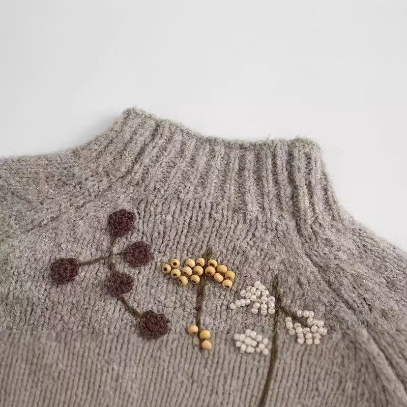 Crew neck grey embroidered beaded jumper