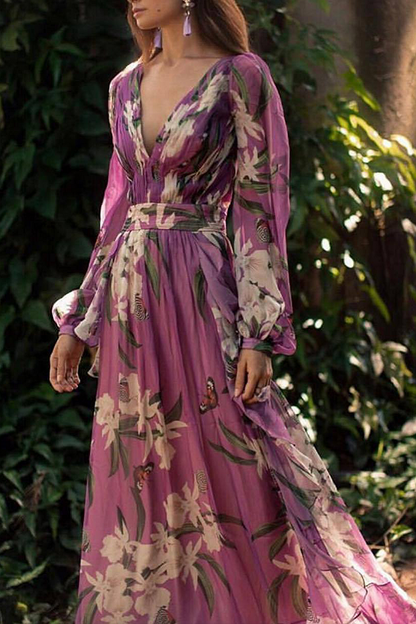 Elegant Printed V-Neck High Waist Dress