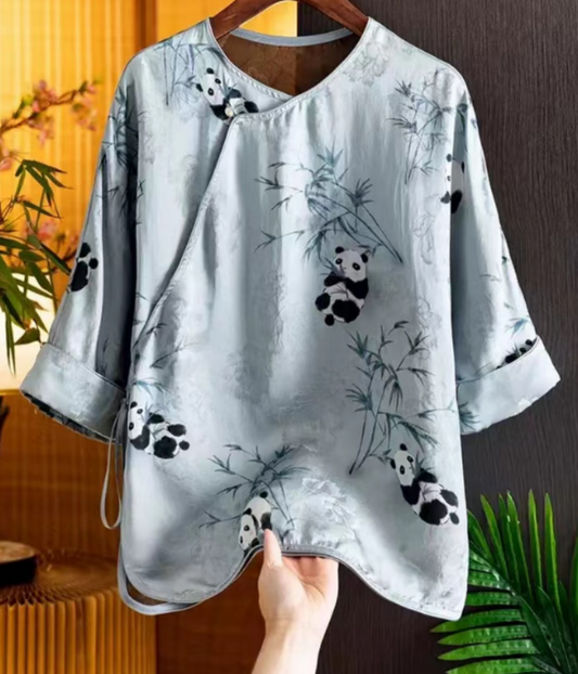 Chinese Printed Asymmetric Silk Button Long Sleeve Top