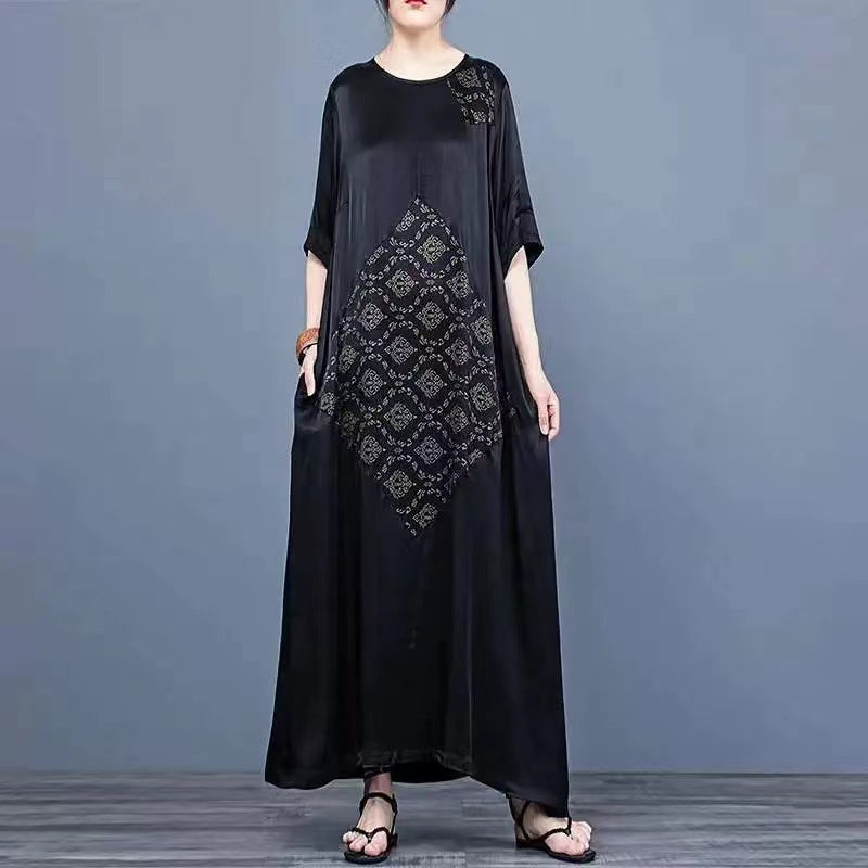 French Printed Geometric Silk O-Neck Long Dress