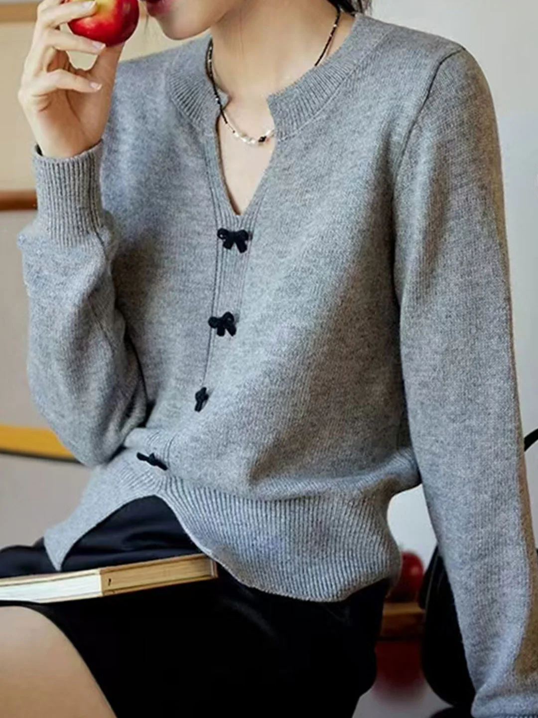 Women's V-Neck Bow Button Knit Sweater Fall