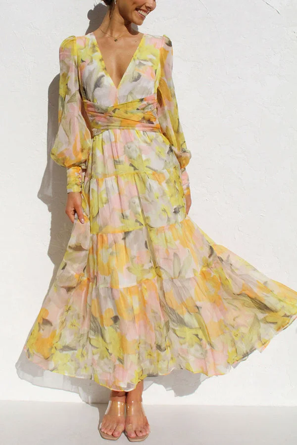 Elegant Abstract Floral Lantern Sleeve Extra Long Dress