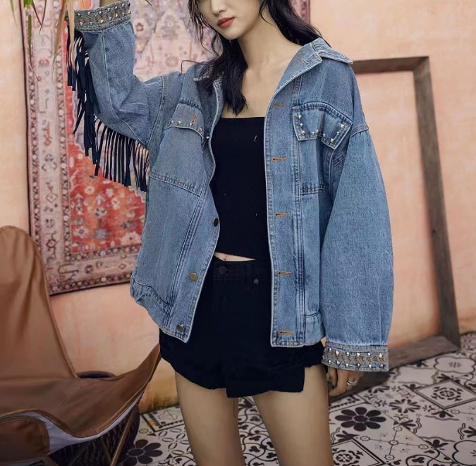 Fashion Embroidery Willow Studded Fringe Short Denim Jacket