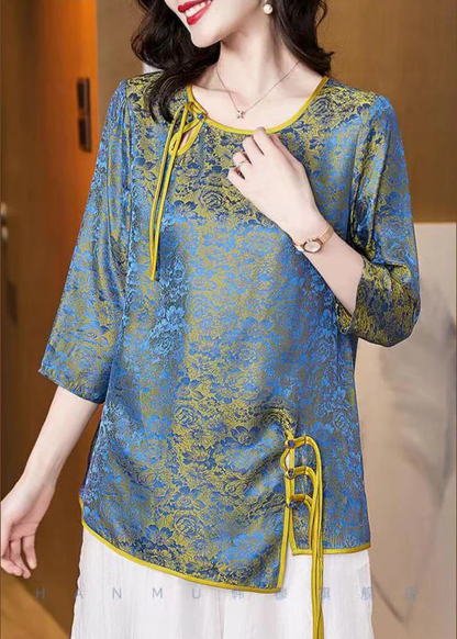 French O Neck Asymmetric Jacquard Silk Colorblocked Half Sleeve Blouse Top