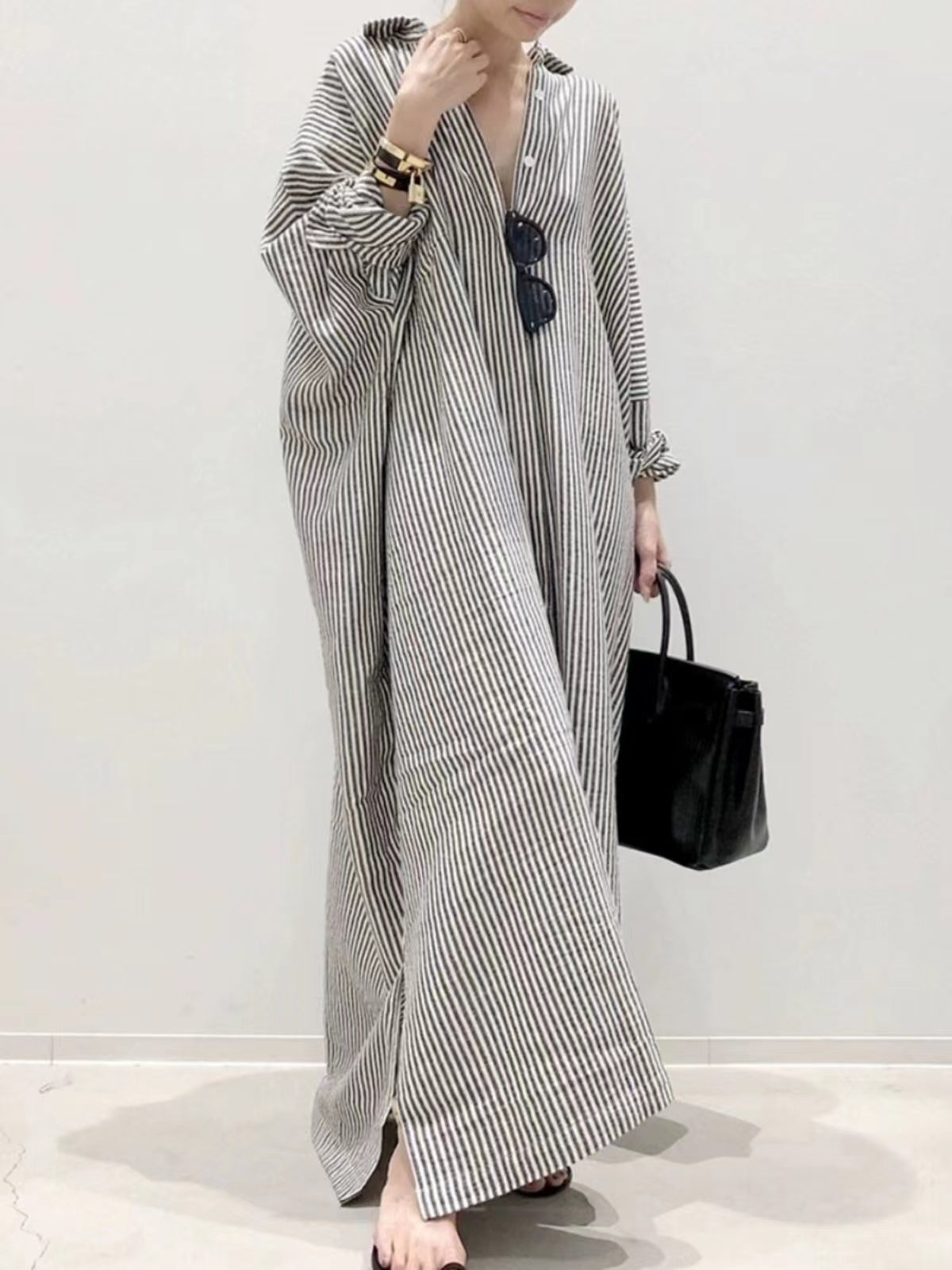 Loose Cotton Lapel Striped Long Sleeve Shirt Dress