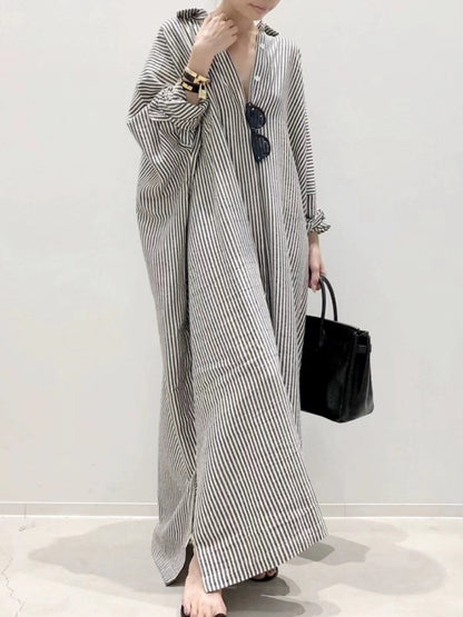 Loose Cotton Lapel Striped Long Sleeve Shirt Dress