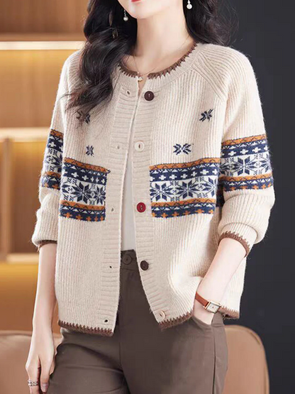 Women's Loose Classic Vintage Crew Neck Knit Cardigan