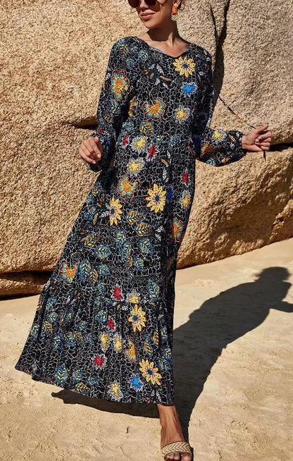 Elegant Printed Strappy Long Sleeve Dress