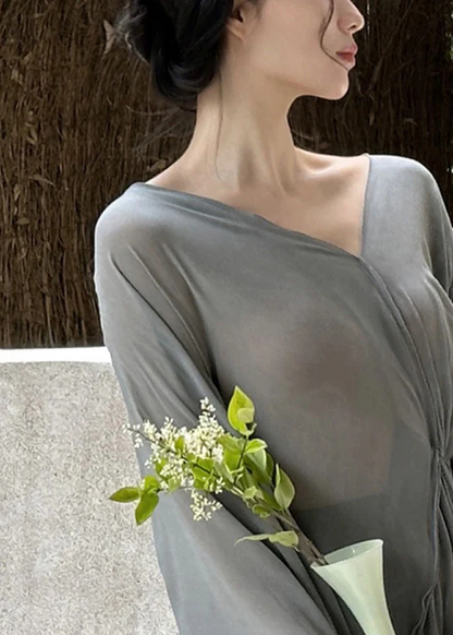 French V-neck crinkled cotton long-sleeve asymmetric dress