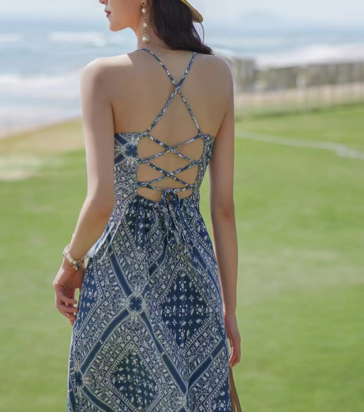 Elegant Printed Beach Halter Long Dresses