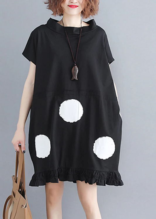 Black Stand Collar Ruffle Trim Dot Print Dress