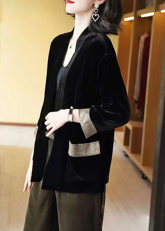 Loose V-Neck Pocket Patchwork Velvet Cardigan Coat