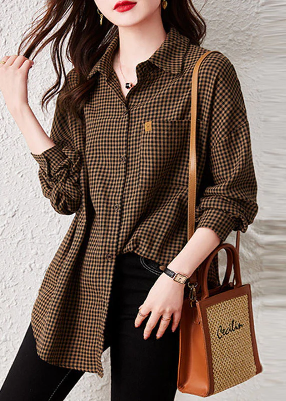 Fashion Plaid Pan Collar Pocket Patchwork Cotton Shirt Long Sleeve Top