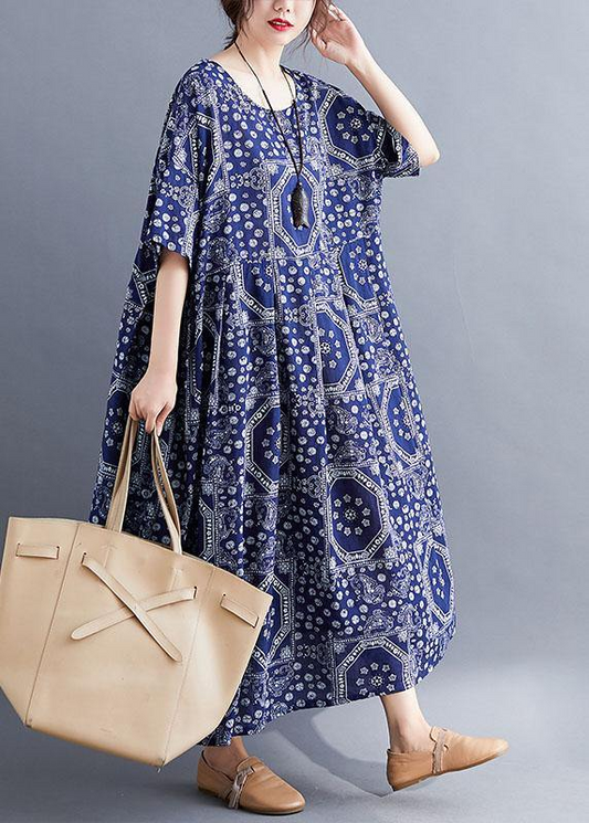 French large hem printed dress cotton linen