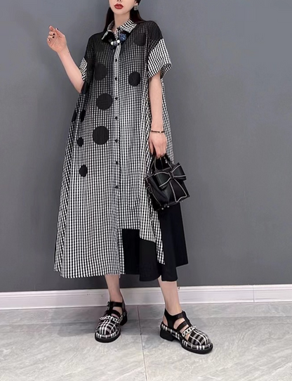 Fashion Casual Plaid Polka Dot Short Sleeve Shirt Dress