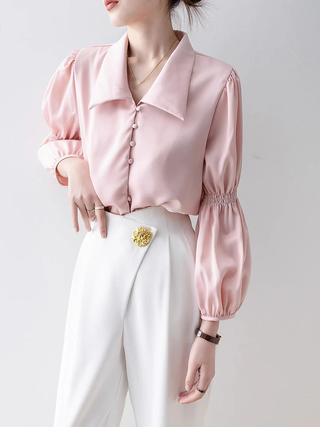 Elegant Lantern Sleeve Long Sleeve Lapel Blouse Top